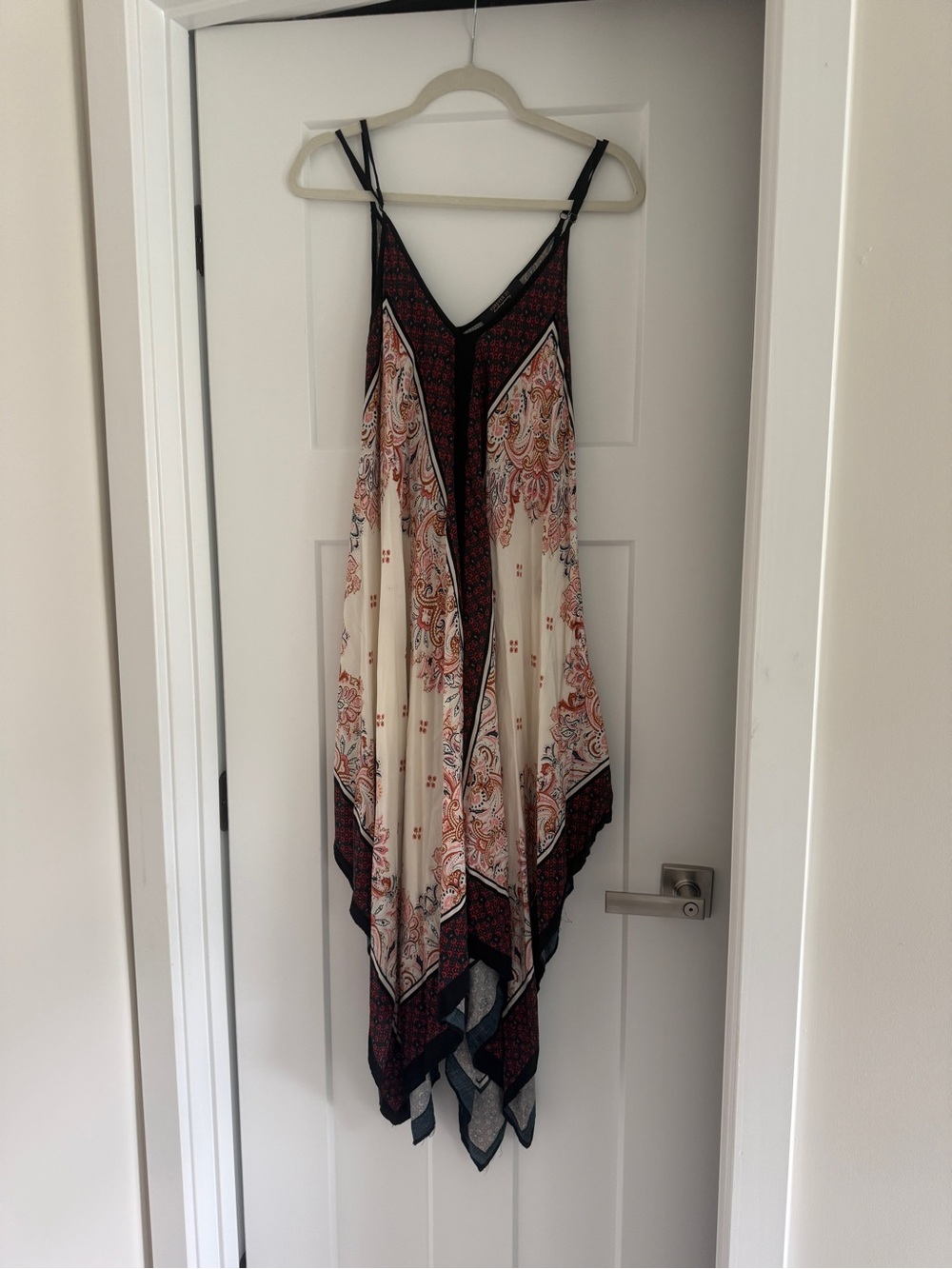 Forever 21 Cream Paisley Handkerchief-Hem Midi Dress with Black Trim